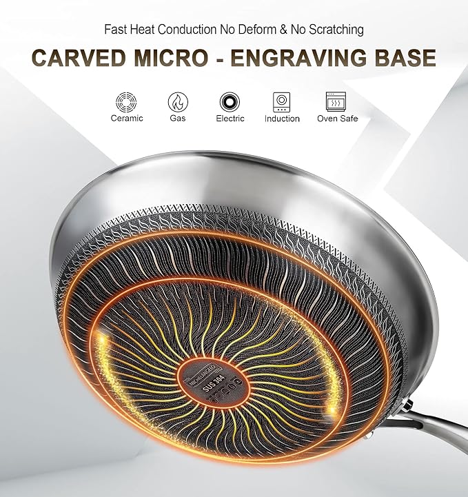 MICHELANGELO Wok Pan with Lid, 12 Inch Stainless Steel Wok with Spider Strainer and Steaming Rack, Honeycomb & Stir-fry Pans Flat Bottom Wok Induction Compatible, Dishwasher and Oven Safe