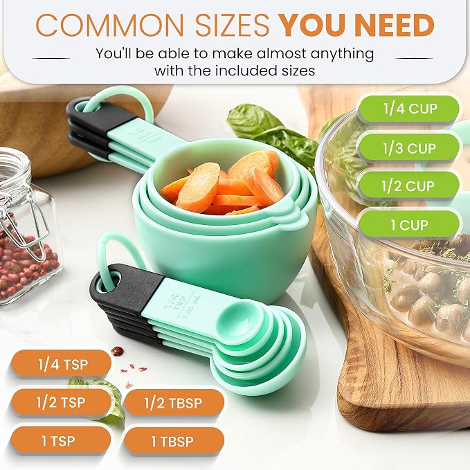 Spring Chef Magnetic Measuring Cups and Spoons Set of 9 - Mint | for Dry & Liquid Ingredients - Food Safe & BPA Free - Nesting Design - Dishwasher Safe