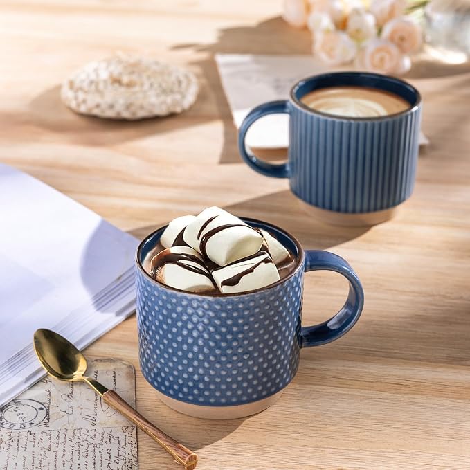 GBhome 12 OZ Stackable Coffee Mugs Set of 6, Ceramic Coffee Cups Set | 3 Assorted Designs, Embossed Mugs with Texture Patterns for Tea/Latte/Cappuccino, Dishwasher&Microwave Safe