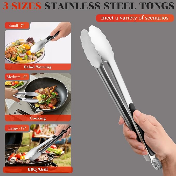 7/9/12 Inch Kitchen Tongs for Cooking, Heat Resistant Stainless Steel Tongs | Heavy Duty Metal Tongs Grilling Tongs Grill Tongs BBQ Tongs for Cooking,Grilling,BBQ/Barbecue,Food (7+9+12 inch)