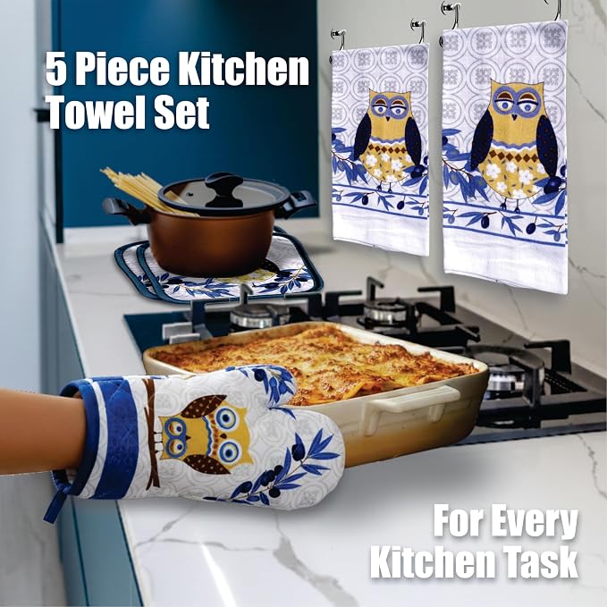 Lobyn Value Pack Whimsical Blue Owl, 5 Piece Set | Kitchen Towel Set with 2 Decorative Dish Towels (25 X15), 1 Oven Mitt (11 X 7) and 2 Potholders (6.5 X 6.5)