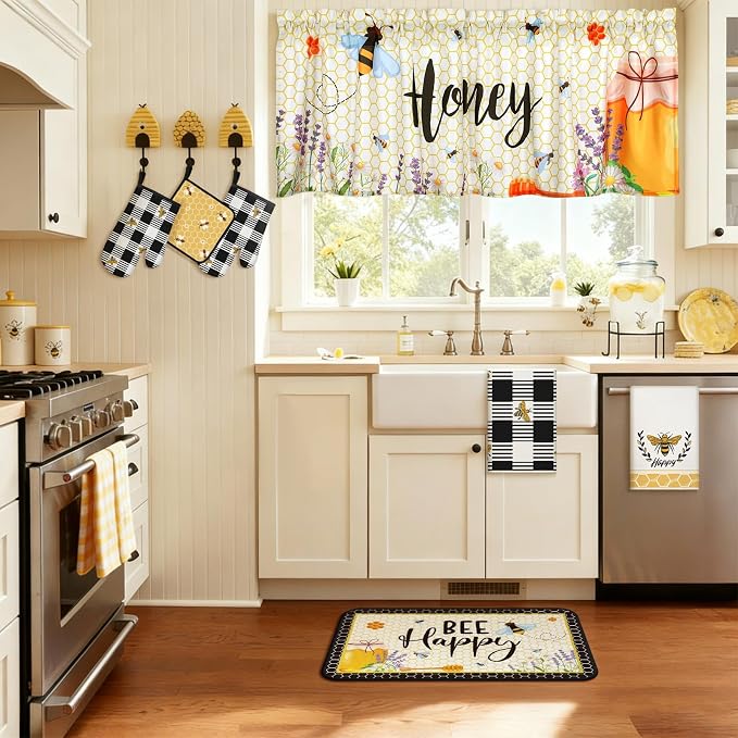 16 Pcs Honey Bee Kitchen Decor and Accessories Set 4 Yellow Kitchen Towel 4 Bee Placemat 2 Non Slip Rug and Mat Set for Floor 2 Oven Mitt Glove 2 Pot Holder 2 Curtain for Home Decor Mom Cooking Gift