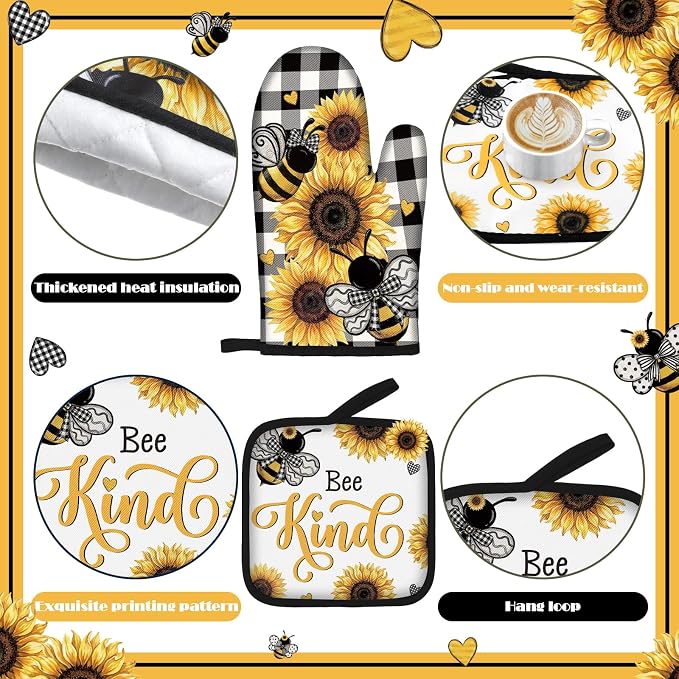 Fourluoo 10 Pcs Bee Kitchen Decor Set Kitchen Towels Rugs Oven Mitts and Pot Holders for Bee Festival Cooking Baking Grilling Gift