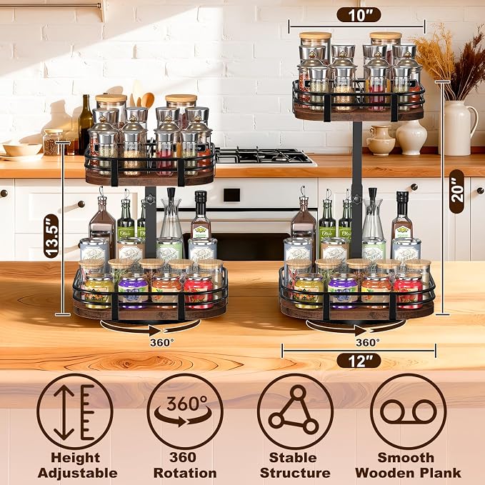 12" Large Lazy Susan Turntable Organizer - 2 Tier Spice Rack for Table Top | Rotating Wood Spice Cabinet Organizer for Pantry Kitchen Countertop Coffee Bar Cupboard Bathroom Vanity Storage