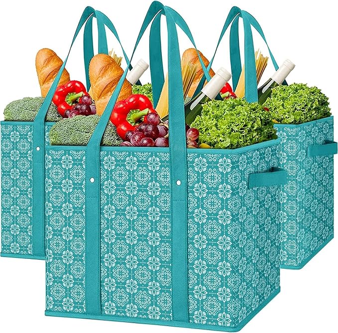 Reusable Grocery Bags 3 Pack, Foldable & Water Resistant Shopping Bags | Large Grocery Tote Bag Water Resistant Shopping Bags Foldable Grocery Bag for Clothes,Shoes and Picnic