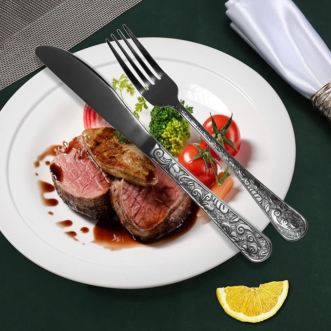 Meythway 40-Piece Vintage Carved Black Silverware Set for 8, Stainless Steel Flatware Set with Knife/Fork/Spoon, Cutlery Set for Home and Kitchen, Utensil Set with Dishwasher Safe