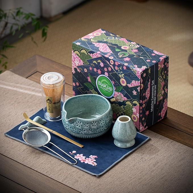 Buucup Blue Matcha Set, Ceramic Bowl Kit with Bamboo Whisk & Tools | Complete 7-piece Japanese-style matcha kit with bowl, whisk, scoop, holder, sifter and tea towel for daily tea rituals.