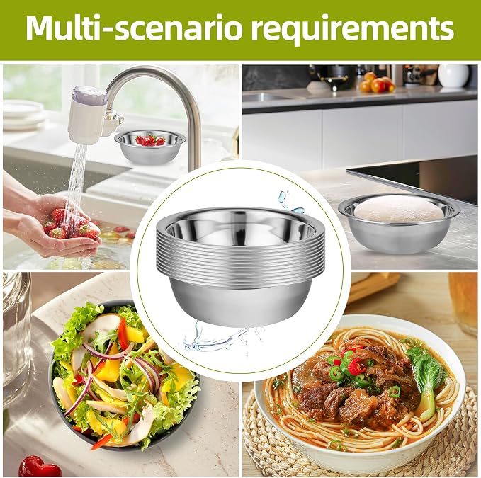 10 Pack 10.24 x 2.76 Inch Stainless Steel Mixing Bowls for Bulk Food Prep with Nesting Design for Hotel Restaurant and Home Kitchen Cooking in Silver