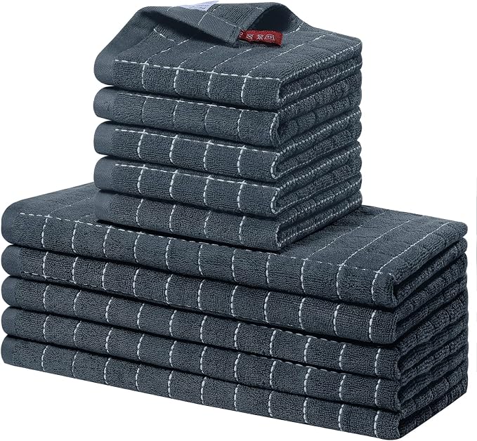 Homaxy Kitchen Towels and Dishcloths Set, Set of 10, Dark Grey | Bulk Cotton Terry Kitchen Towels, Checkered Designed, Soft and Super Absorbent Dish Towels, 12 x 12 and 13 x 28 Inches