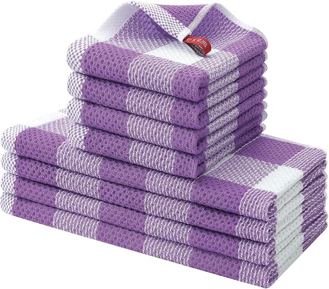 Homaxy Kitchen Towels and Dishcloths Set, Set of 8, White & Purple | Bulk Cotton Waffle Weave Check Plaid Kitchen Towels, Super Soft and Absorbent Dish Cloths, 12 x 12 and 13 x 28 Inches