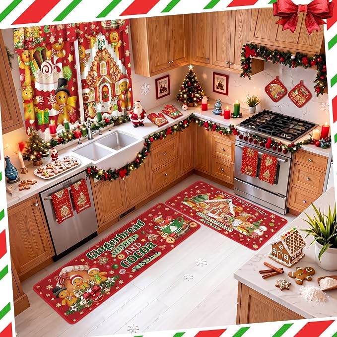 13 Pcs Gingerbread Man Kitchen Set, Towel Rug Valance Mitts | Nonslip Rugs and Mats, Festive Valance with Baking Decor, Pot Holders Included, Gingerbread Theme Design, Holiday Cooking