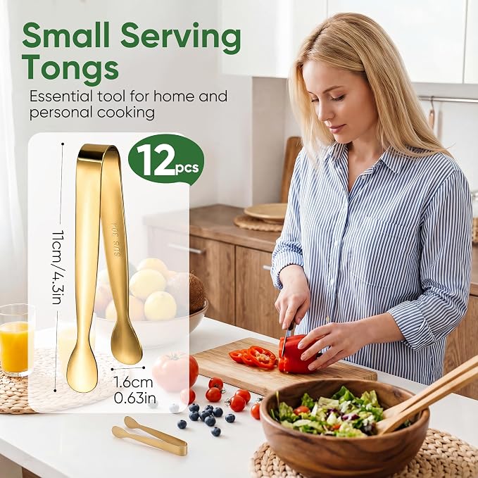12 Pcs Gold Serving Tongs, Stainless Steel Ice Tongs Mini Sugar Tongs for Kitchen Appetizers, Party. Ting Tongs for Serving Food, Ice, Sugar Cube, Salad, Desserts