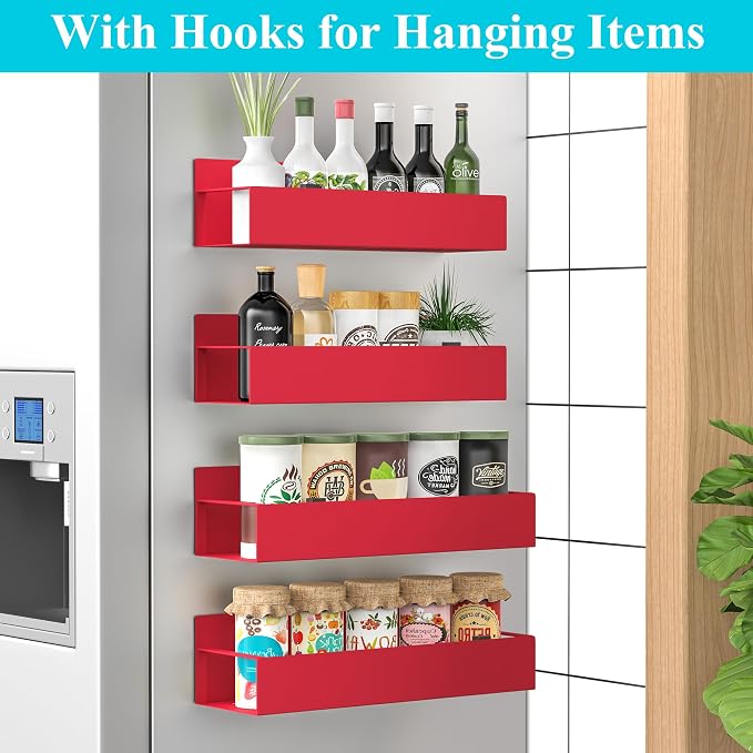 4 Pack Magnetic Spice Storage Rack Organizer for Refrigerator and Oven, Red Fridge Organizers and Storage | Magnetic Shelves Heavy Duty for Fridge in Kitchen, Seasoning Storage Organizer, For Oven Washer and Dryer, For Heavier Items