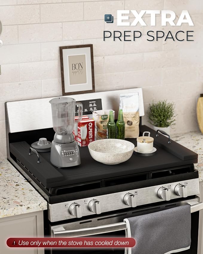 Bluewest Gas Stove Burner Covers, Wooden Noodle Board with Handle, Black | Extra-thick wooden RV stovetop and sink cover doubles as a tray, creating extra kitchen counter space for prep and serving.