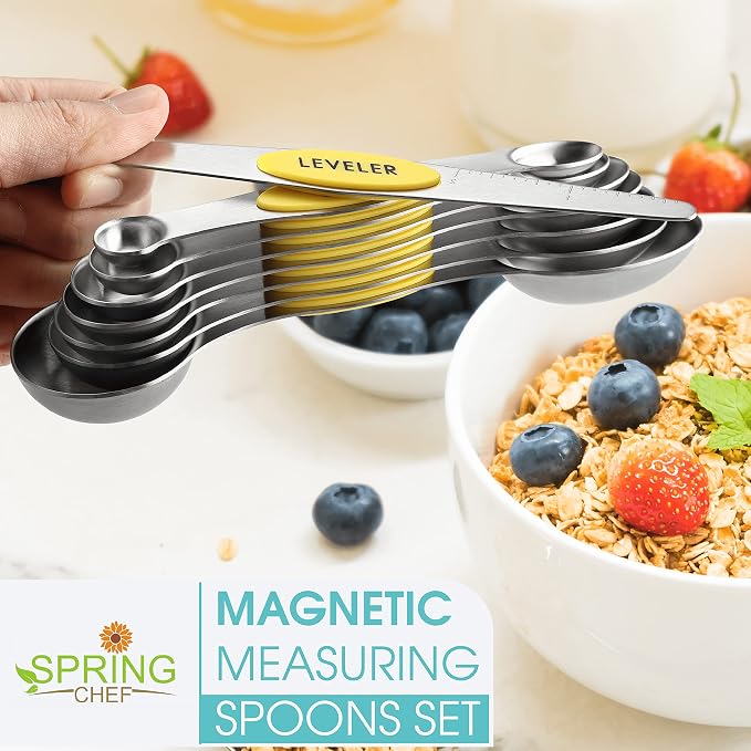 Spring Chef Stainless Steel Magnetic Measuring Spoons Set of 8, Yellow | Dual Sided Teaspoon & Tablespoon Measuring Spoons w/ Leveler for Dry & Liquid Ingredients, Measure Spoons for Baking, Cooking