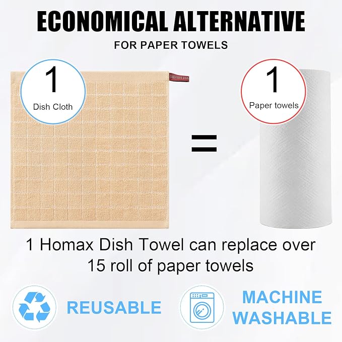 Homaxy 100% Cotton Terry Kitchen Dish Cloths, 12 Pack, Apricot | Ultra Soft and Absorbent, Suitable for Drying and Washing Dishes