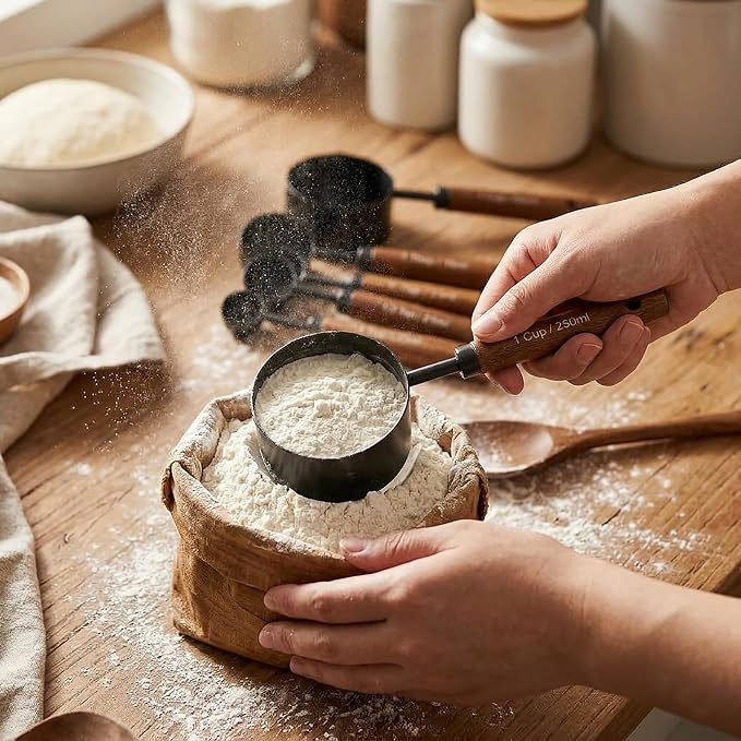 Measuring Cups and Spoons Set, 8PCS Stainless Steel Metal Measuring Cups, Walnut Wood Handle, Black Plated, For Dry and Liquid Ingredients