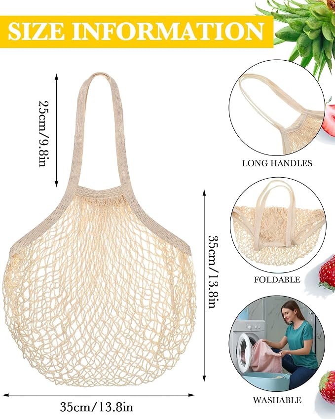 Woanger 24 Pcs Beige Long Handle Reusable Cotton Mesh Produce Shopping Bags Washable Grocery Net Portable Fruit and Vegetable Cotton String Bags Net Tote Organizer (Pack of 2)