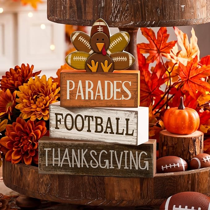 Lineshading 4 Pcs Thanksgiving Football Block Signs Wooden Farmhouse Decor | Rustic Turkey Design, Tiered Tray Decor, Tabletop Centerpiece, Seasonal Display, Gift for Fall Football Gatherings