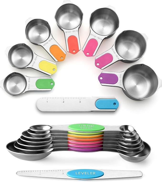 Spring Chef Magnetic Measuring Cups & Spoons Set of 15, Patented, Neon | Stackable Stainless Steel Measuring Cups & Heavy Duty Metal Measuring Spoons with Levelers for Dry & Liquid Ingredients