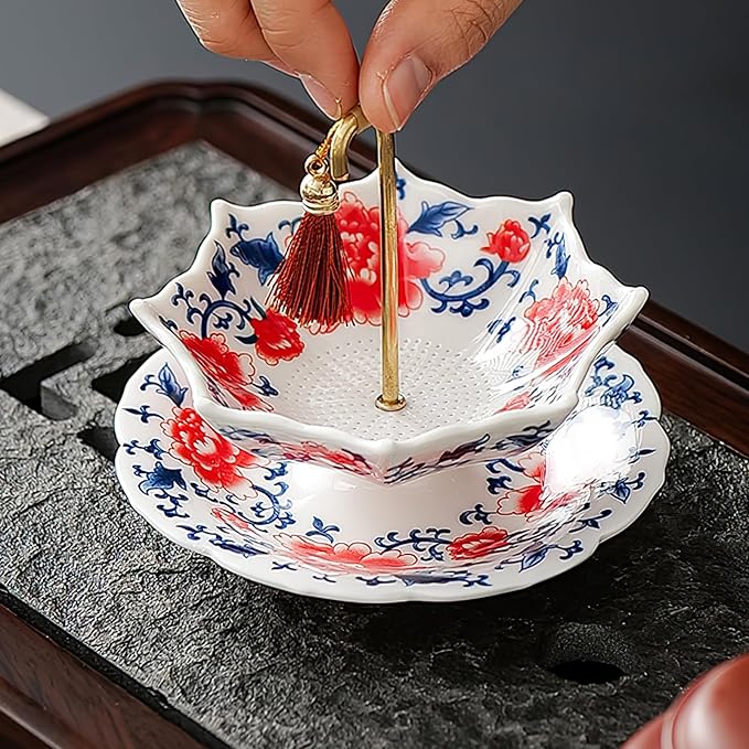 Umbrella Shape Ceramic Tea Strainer - Chinese Blue & White Porcelain Loose Leaf Filter with Rotating Design, Multi-Purpose Tea Infuser for Kung Fu/Coffee/Brewing (Red)