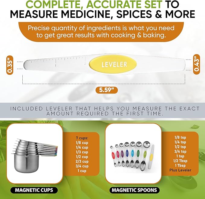 Spring Chef 15 Magnetic Measuring Cups & Spoons Set, Patented, Multicolor | Stackable Stainless Steel Measuring Cups & Heavy Duty Metal Measuring Spoons with Levelers for Dry & Liquid Ingredients
