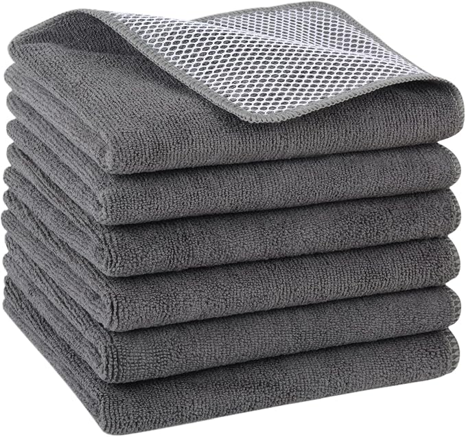 Dish Cloths for Washing Dishes with Scrub Side, Microfiber Dish Rags | Dual-sided microfiber dish cloths with scrubber for stuck-on food, quick dry kitchen washcloths 6 Pack, 15" x 25 Inch Gray