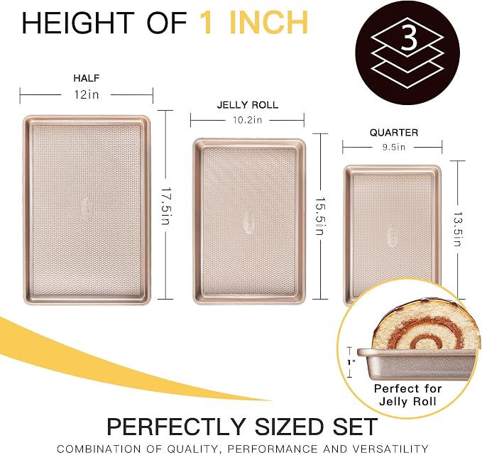 Baking Sheet Pan Set of 3, Cookie Sheets for Oven, Nonstick Half/Quarter/Jelly Roll Pans with Diamond Texture Pattern, 0.8mm Thick Heavy Duty Cookie Tray, Champagne Gold
