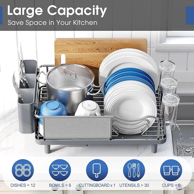 Urackify Stainless Steel Dish Drying Rack for Kitchen Counter, 16.9" x12.4" | Rustproof dish rack with utensil holder, 16.9" L x 12.4" W Large Capacity, Dish Drainer for Plates Dishes Sliverware, Grey