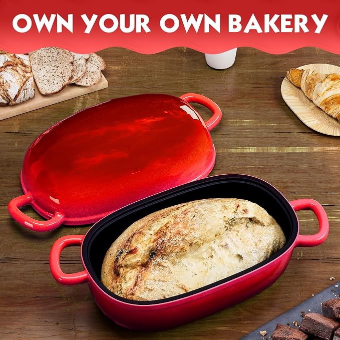 Dutch Oven 9x6 Inch，2.5QT Cast Iron Bread Pans for Bread Baking | Loaf Pan with Lid, loop handles，for Homemade Breadmaking，induction cooktop，oven safe，cooking stews & meats，Red