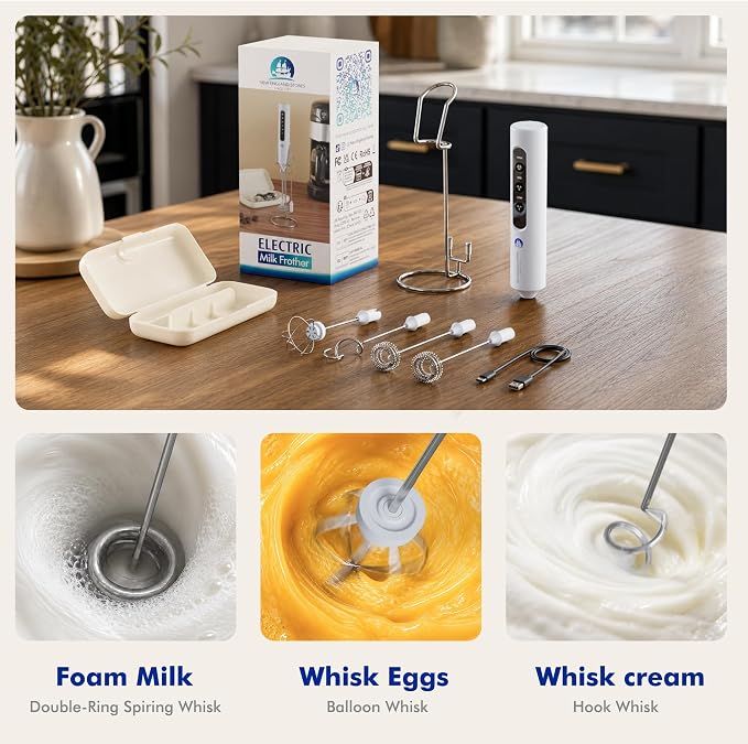 Rechargeable Milk Frother with Stand, 4 Interchangeable Whisks & Travel Case – Handheld Mixer for Lattes, Matcha, Hot Chocolate, Eggs & Protein Shakes