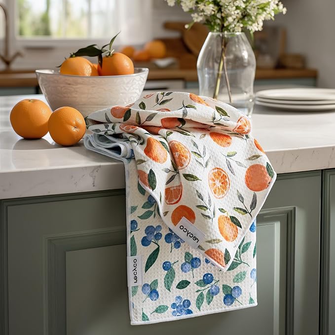 RECYCO Waffle Kitchen Towel Set of 2 - Quick Dry Microfiber Sustainable Dish Towels - Ultra Absorbent Reusable Cleaning Tea Towels - Lightweight Hand Towels,16”x 28”, Fruitful Foliage & Vine