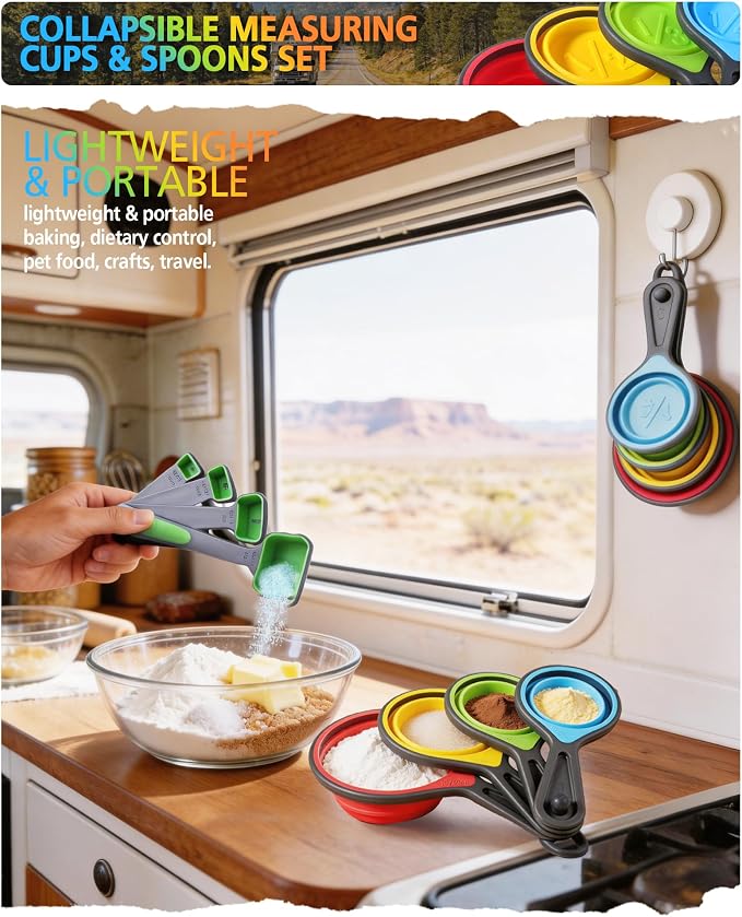Measuring Cups and Spoons set, Collapsible Measuring Cups, 8 piece Measuring Tool Engraved Metric/US Markings for Liquid & Dry Measuring, Space Saving, BPA Free Silicone, Colorful