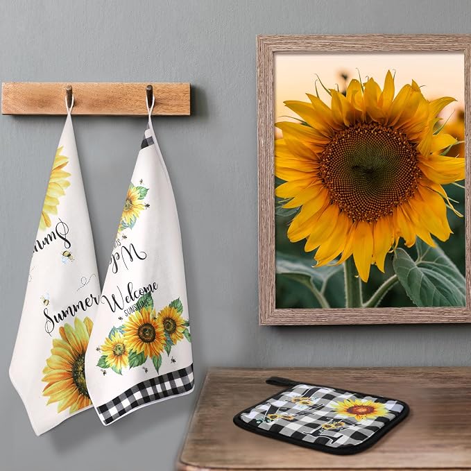 13 Pcs Sunflower Kitchen Set Sunshine Farmhouse Kitchen Decor Rustic Sunflower Dish Towels Retro Yellow Apron Oven Mitts and Pot Holders with Cute Wooden Tableware Set for Home