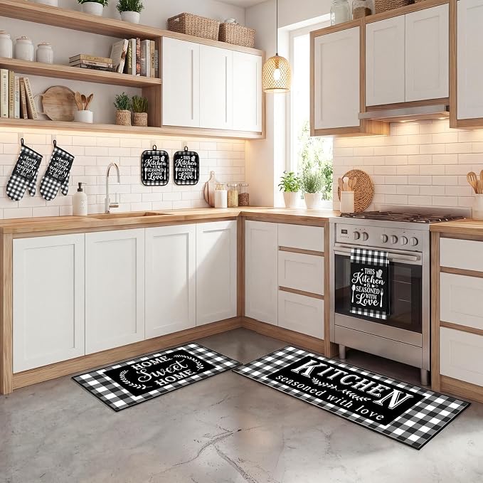 10 Pcs Kitchen Decor and Accessories Set, Plaid Checkered Buffalo | Black 4 Dish Towels Kitchen Rugs 2 Oven Mitts 2 Pot Holders, Home Decor for Cooking Baking BBQ Gifts Women Mom Housewarming