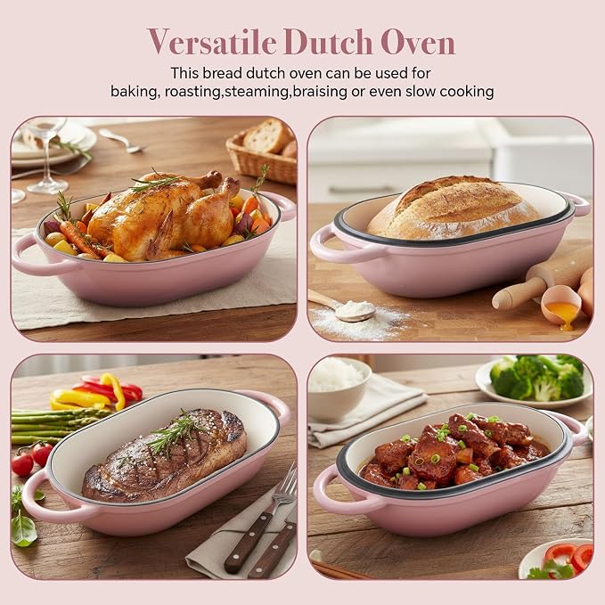 2 QT Oval Dutch Oven for Bread Baking,Enamelled Cast Iron Bread Oven for Sourdough, Sourdough Loaf Pan with Lid, Heavy-Duty Non Stick Bread Pan for Homemade Bread Baking, Pink