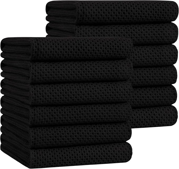 Homaxy 100% Cotton Oversized Waffle Weave Kitchen Towels 12-Pack, Black | 20 x 28 Inches, Ultra Soft Absorbent Dish Towels, Quick Drying Large Cleaning Towels