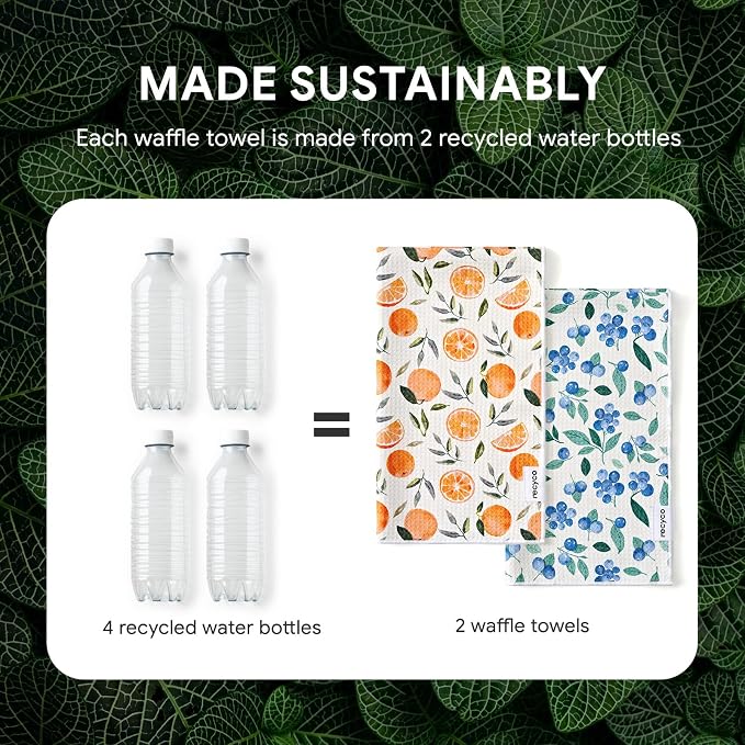 RECYCO Waffle Kitchen Towel Set of 2 - Quick Dry Microfiber Sustainable Dish Towels - Ultra Absorbent Reusable Cleaning Tea Towels - Lightweight Hand Towels,16”x 28”, Fruitful Foliage & Vine