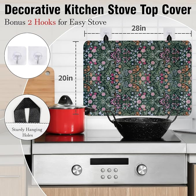 Boho Glass Stove Top Cover for Electric Stoves,Botanical Floral Dark Green Farmhouse Stove Top Cover for Kitchen Decor,Heat Resistant Cooktop Protector Mat,Non-Slip Washable Dish Drying Mat 28"x20"