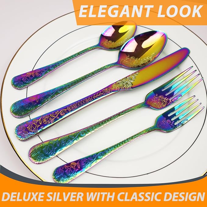 Runfly Modern Carved Floral Rainbow Stainless Steel 20-Piece Flatware Set | Silverware Set, Vintage Utensil Set, Cutlery Set for Home and Kitchen, with Knife/Fork/Spoon