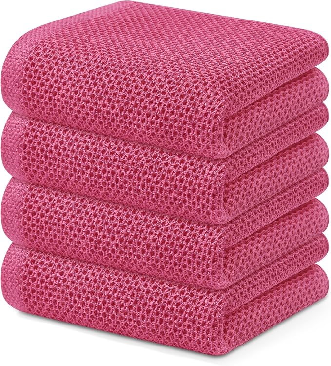 Kitinjoy 100% Cotton Waffle 4-Pack Kitchen Towels, 13" x 28", Hot Pink | Super Soft, Ultra-Absorbent, Fast Drying, lightweight, Quick Drying Kitchen Hand Towels