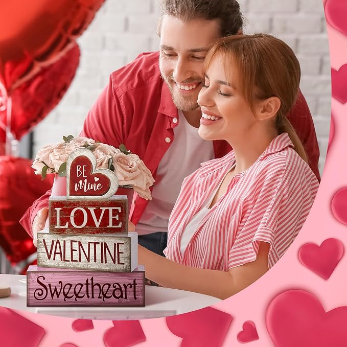 Lineshading 4 Pcs Wooden Valentine Block Signs Tiered Tray Decor