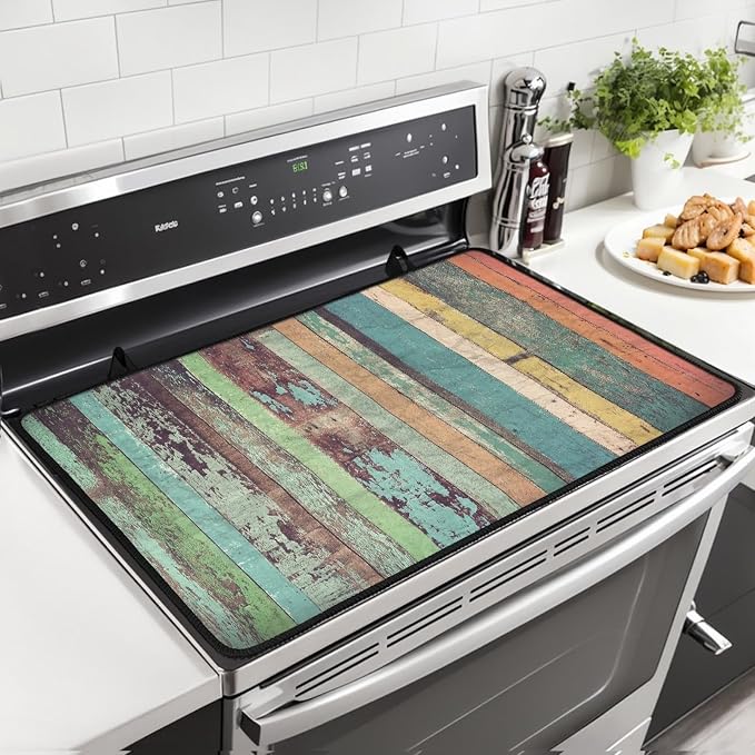 Wooden Stripe Stove Top Covers for Electric Stove, Vintage Colorful Wooden Plank Glass Stovetop Cover with Lanyard Rustic Wood Grain Countertop Protector Mat for Kitchen 28 x 20 Inch