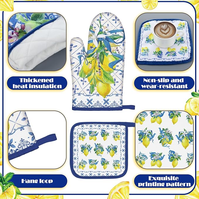 Fourluoo 16 Pcs Lemon Kitchen Decor Set 4 Summer Kitchen Towels 2 Non Slip Rugs and Mats for Floor 2 Oven Mitts Gloves 2 Pot Holders 4 Placemats 2 Curtains for Home Decoration Women Gift