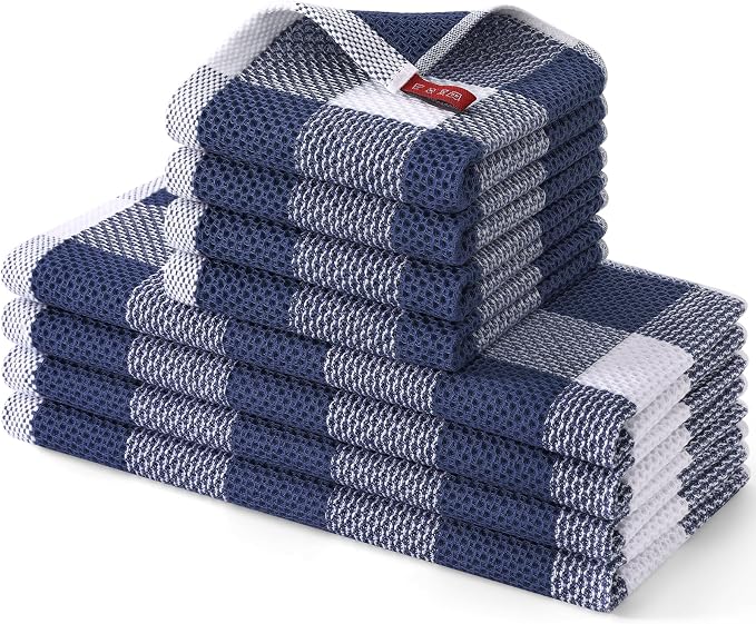 Homaxy Kitchen Towels and Dishcloths Set, Set of 8, White & Navy Blue | Bulk Cotton Waffle Weave Check Plaid Kitchen Towels, Super Soft and Absorbent Dish Cloths, 12 x 12 and 13 x 28 Inches