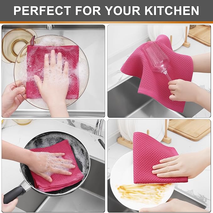 Kitinjoy 100% Cotton Waffle 8-Pack Kitchen Towels, 12" x 12", Hot Pink | Ultra Absorbent, Super Soft, lightweight, Quick Drying Dish Rags for Washing Dishes