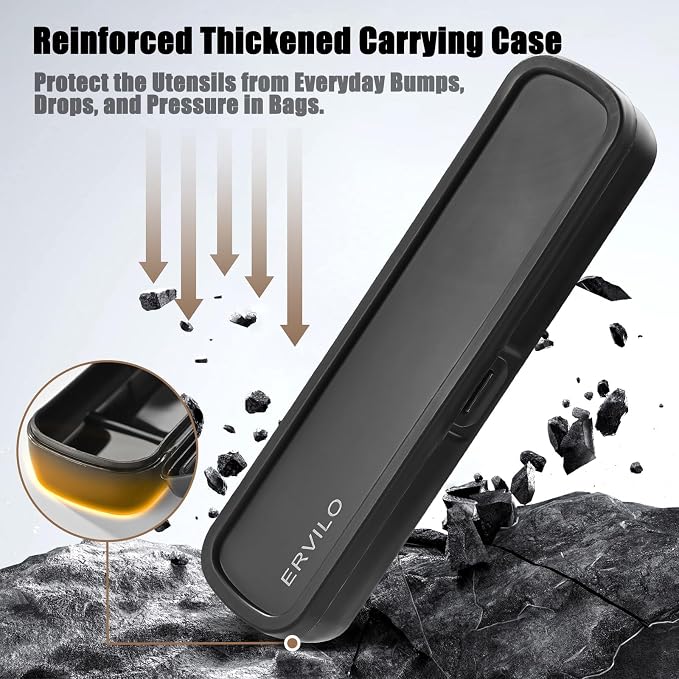 Travel Utensils with Case, Stainless Steel Portable Cutlery Set for Camping Picnic, Lunch Box Silverware for Work, Reinforced Case with Snap-Lock Closure, Include Fork Spoon Knife Chopsticks, Black