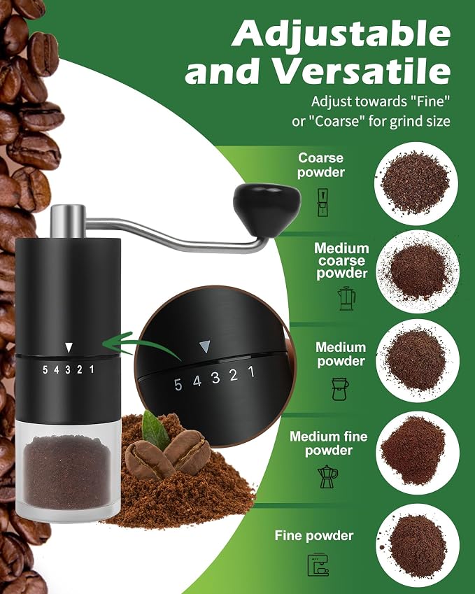 Manual Coffee Grinder With Ceramics Burr for Espresso,French Press,5 Adjustable Settings,Hand Coffee Grinder,For Home Use and Camping Travel,Coffee Bean Grinders With Hand Crank (Black)