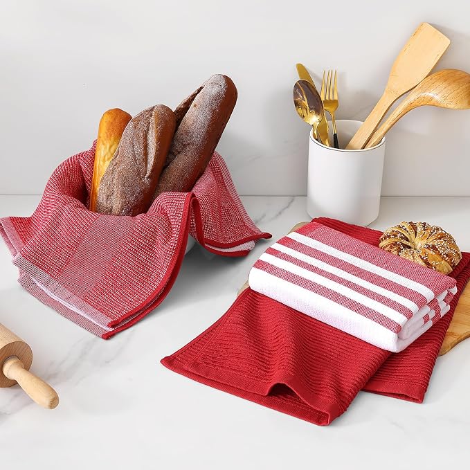 Homaxy Cotton 380 GSM Premium Kitchen Towels, 18"x 28", 3 Pack, Red | Soft and Absorbent Terry Dish Towels, Multipurpose Tea Towel Set with Hanging Loop, 3 Styles Kitchen Hand Towels