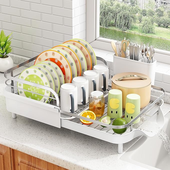 SAYZH Expandable Dish Drying Rack for Small Kitchen Counter, White | Stainless Steel, Protective Guardrail, Angled Drainboard, Fits High-Rim Sinks, Removable Utensil Holder